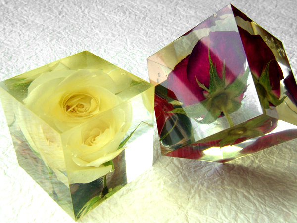１７年前の２００５年に制作したバラのキューブレジン、バラのドライフラワーを立方体のレジンに封入した作品